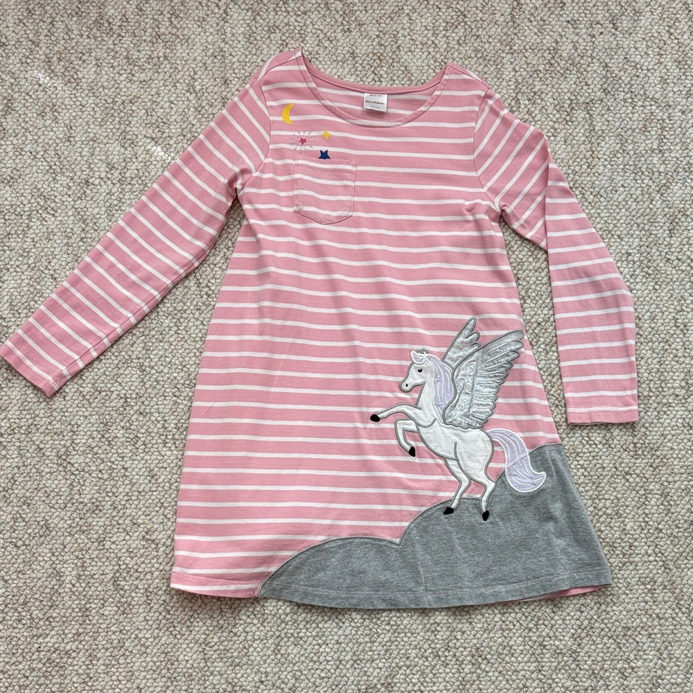 Hanna Andersson Pink and White Striped Dress with Unicorn, size 8